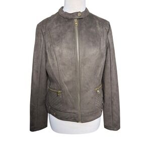 Marc New York SOFT Womens Faux Suede Moto Jacket Taupe Brown Size M